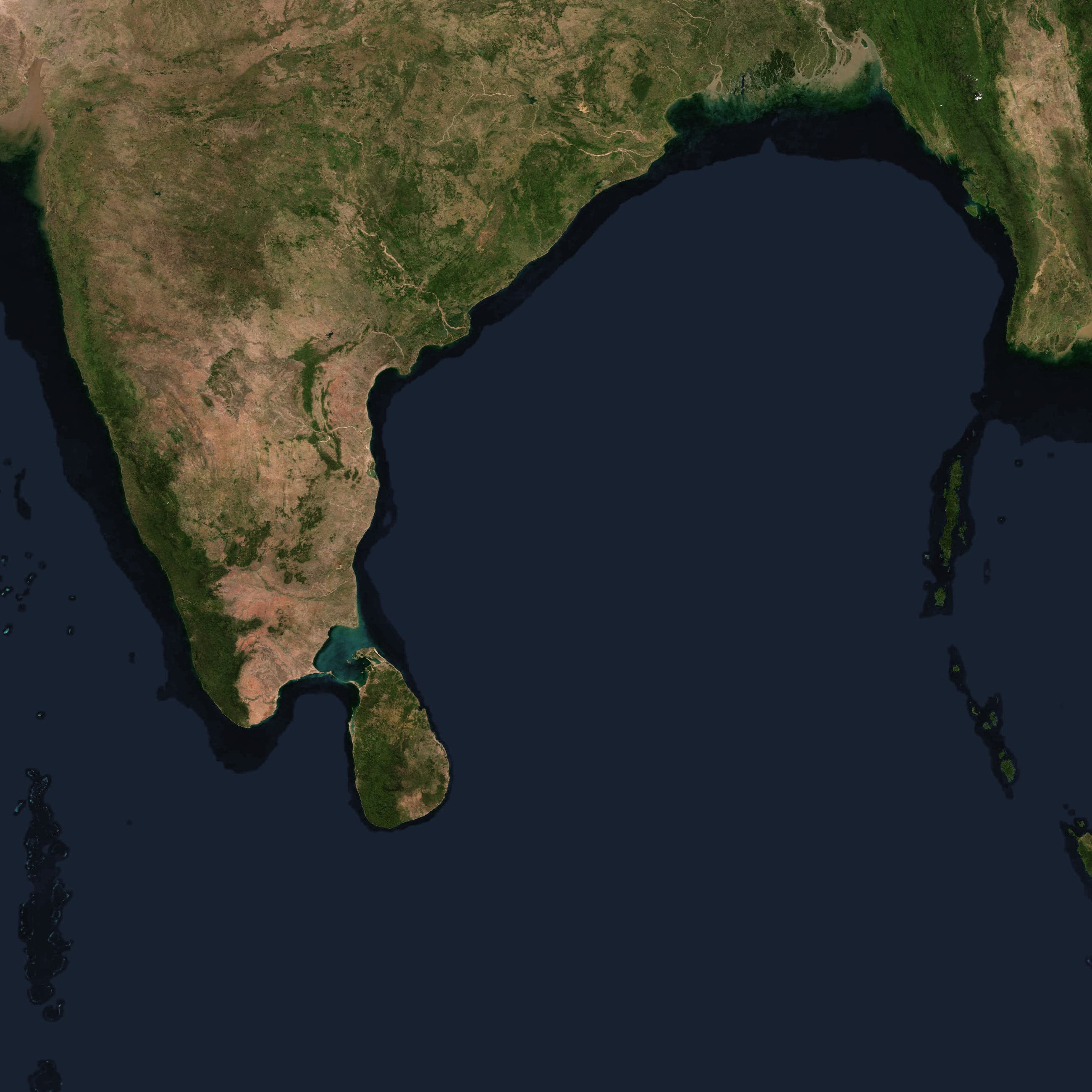 India's southern half, Sri Lanka and the Bay of Bengal, seen from orbit.
